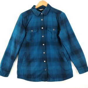 Duluth Trading Shacket Women M Blue Plaid Free Swingin Flannel Shirt Jacket